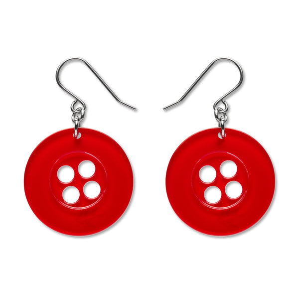 pair of button-shaped dangle earrings in shiny red 100% Acrylic resin