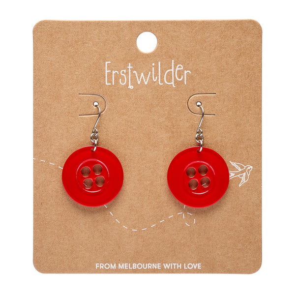 Red button earrings on a 'Erstwilder' branded card with 'From Melbourne with Love' text.