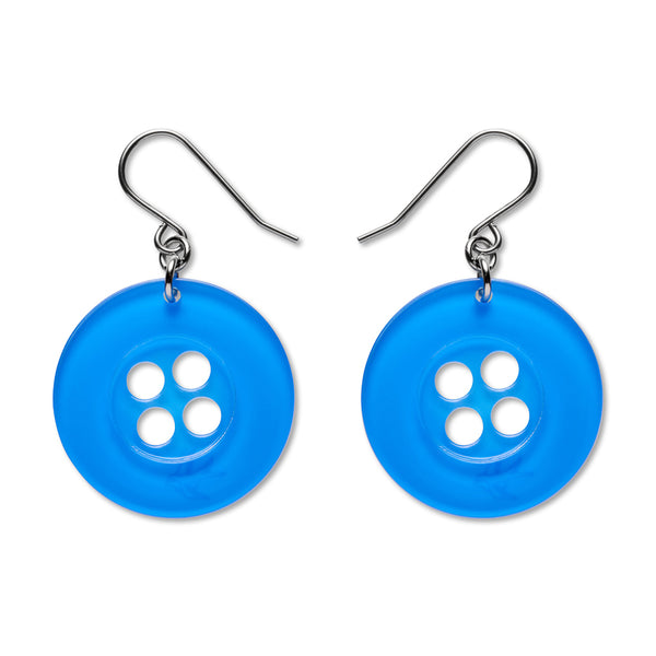 pair of button-shaped dangle earrings in shiny blue 100% Acrylic resin