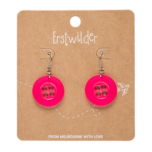 pair of button-shaped dangle earrings in shiny pink 100% Acrylic resin, shown on branded brown backer card