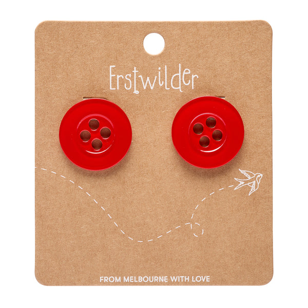 pair of button-shaped post earrings in shiny red 100% Acrylic resin, shown on "Erstwilder" branded brown backer card