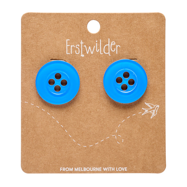 pair of button-shaped post earrings in shiny blue 100% Acrylic resin, shown on branded brown backer card