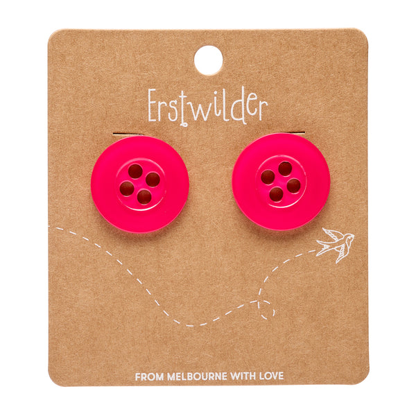 pair of button-shaped post earrings in shiny pink 100% Acrylic resin, shown on branded brown backer card