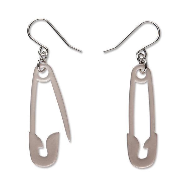 pair of (one open, one closed) safety pin-shaped earrings in metallic silver 100% Acrylic resin