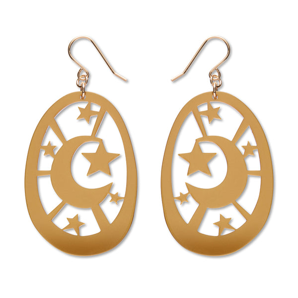 gold acrylic resin star and moon motif oval dangle earrings