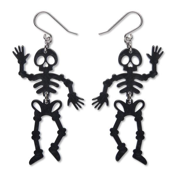 A pair of black skeleton dangle earrings with silver-tone fishhook wires, shown against a plain white background.