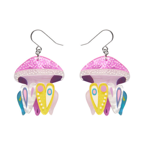 pair Pete Cromer x Erstwilder Australian Sea Life collaboration collection "The Whimsical White Spotted Jellyfish" layered acrylic resin earrings