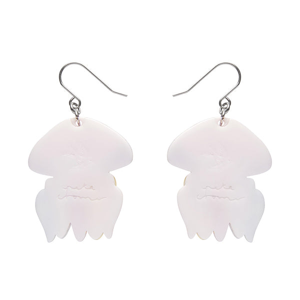 pair Pete Cromer x Erstwilder Australian Sea Life collaboration collection "The Whimsical White Spotted Jellyfish" layered acrylic resin earrings, showing solid white backs