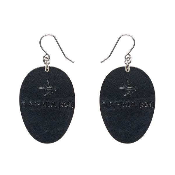 pair of friday the 13th movie character jason voorhees' hockey mask layered acrylic resin dangle earrings, showing solid black backs