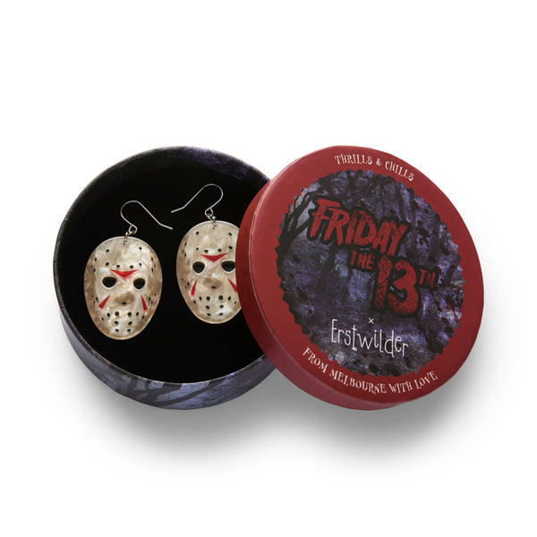 pair of friday the 13th movie character jason voorhees' hockey mask layered acrylic resin dangle earrings, shown in illustrated round box packaging