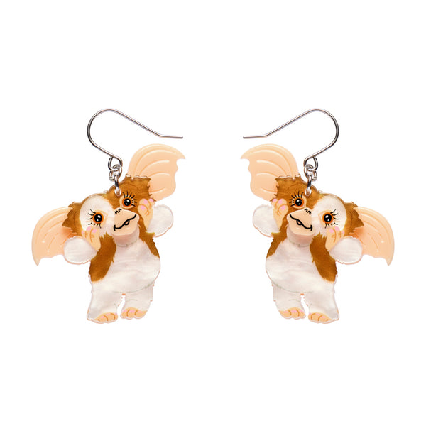 pair of Gremlins movie Gizmo character layered acrylic resin dangle earrings