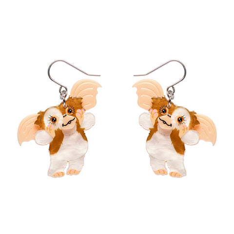 pair of Gremlins movie Gizmo character layered acrylic resin dangle earrings