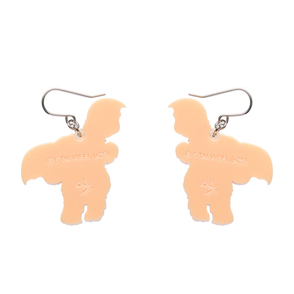 pair of Gremlins movie Gizmo character layered acrylic resin dangle earrings, shown back view