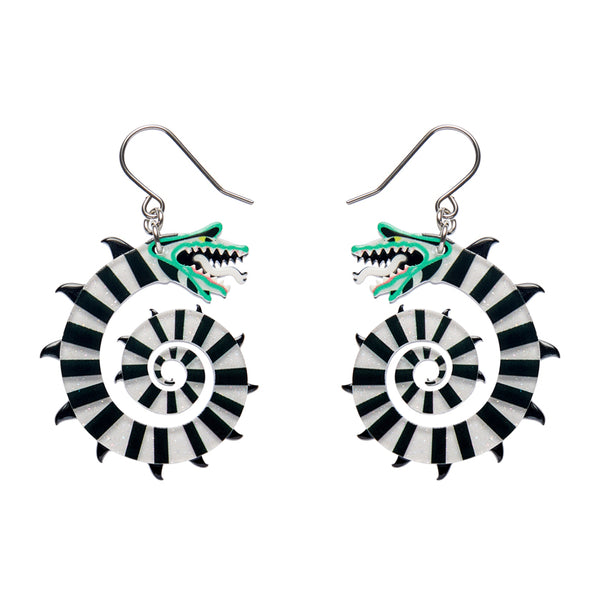 pair of layered acrylic resin earrings of coiled black and white striped Beetlejuice Sandworms 