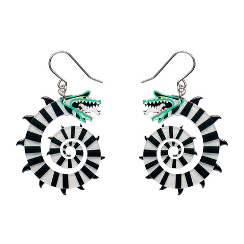 pair of layered acrylic resin earrings of coiled black and white striped Beetlejuice Sandworms 