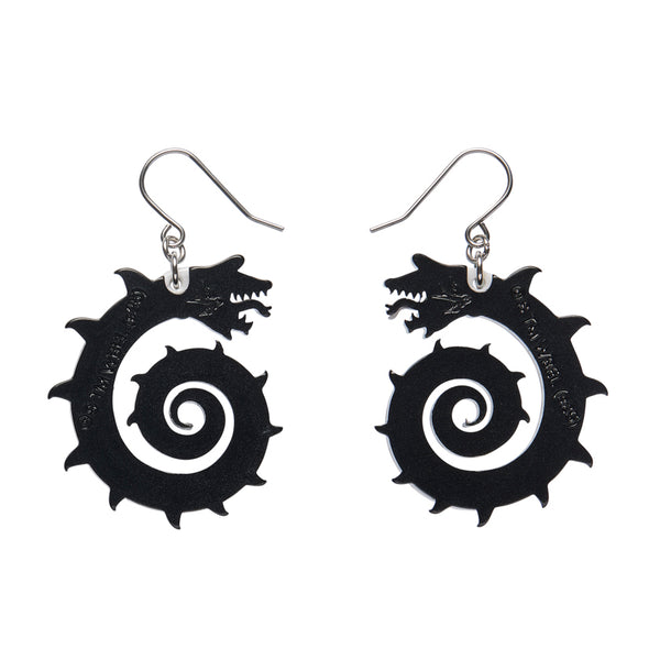 pair of layered acrylic resin earrings of coiled black and white striped Beetlejuice Sandworms, showing solid black back view