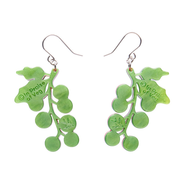 pair of cherry tomatoes on the vine layered acrylic resin dangle earrings, showing solid green back view
