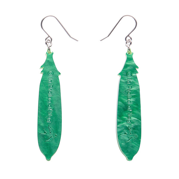 pair of green peapod layered acrylic resin dangle earrings, showing back view
