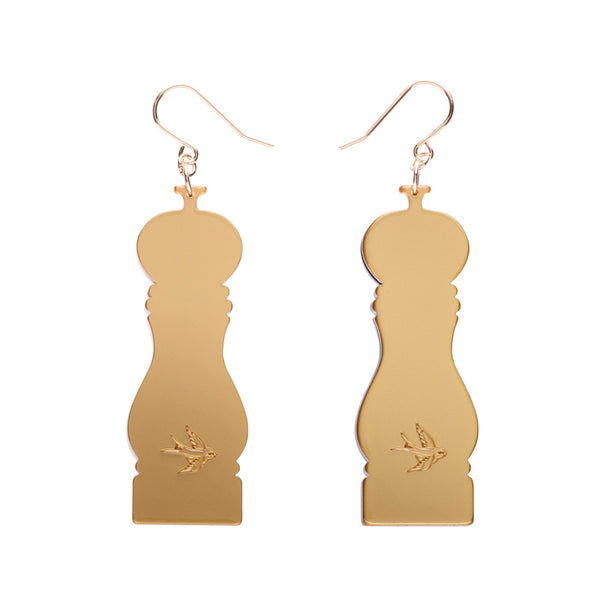 Pair of acrylic resin salt and pepper shaker earrings on a white background, showing solid metallic gold backs