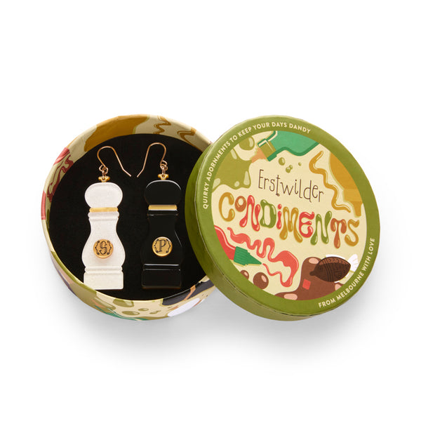 Pair of acrylic resin salt and pepper shaker earrings, shown in illustrated round box packaging