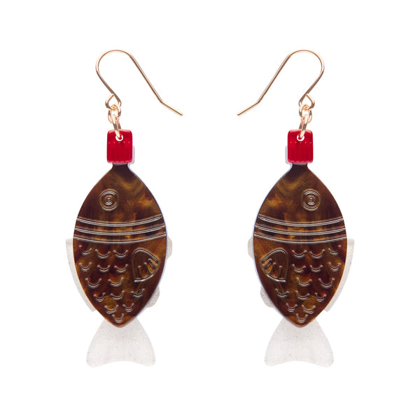 Pair of layered acrylic resin fish-shaped soy container earrings
