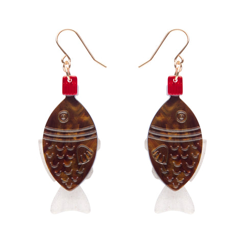 Pair of layered acrylic resin fish-shaped soy container earrings