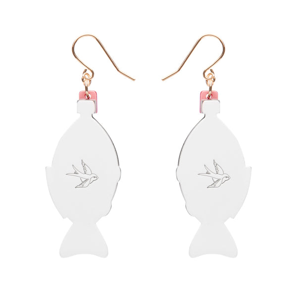 Pair of layered acrylic resin fish-shaped soy container earrings, showing solid white back view