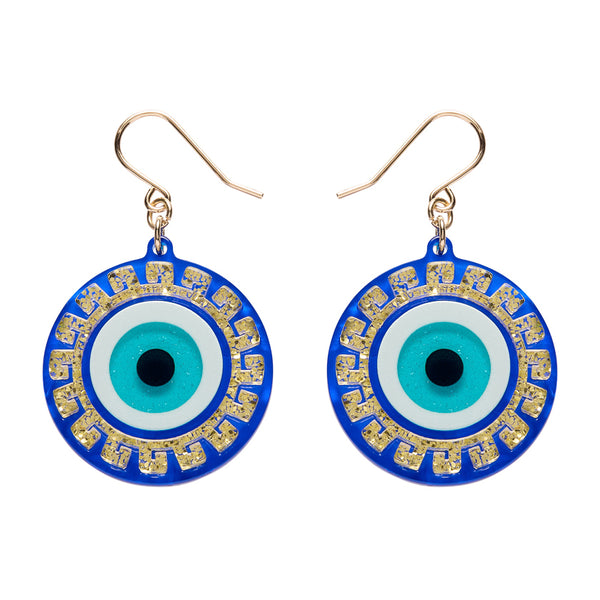 layered acrylic resin evil eye amulet dangle earrings in blue, white, and glitter gold