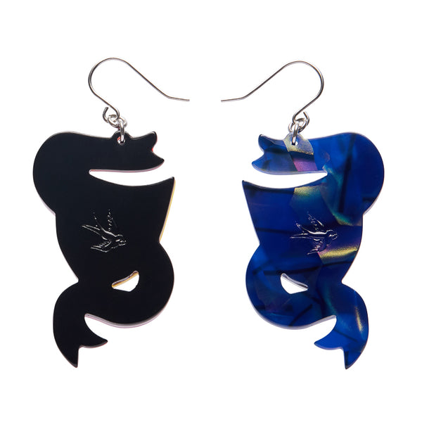 pair of layered acrylic resin comedy and tragedy mask dangle earrings, showing back view