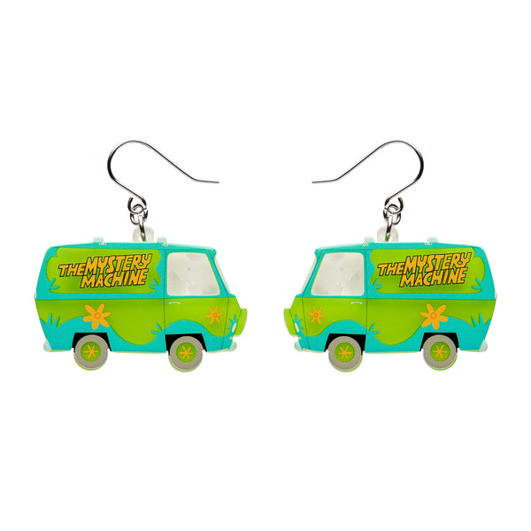 Van-shaped earrings with 'The Mystery Machine' text on a white background