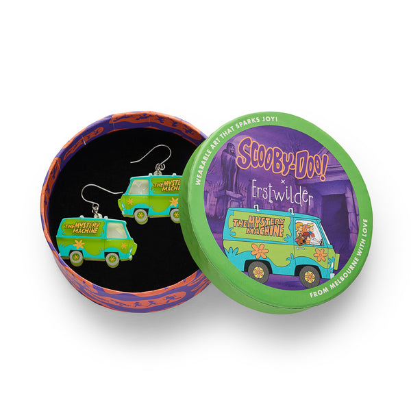 Scooby-Doo mystery machine earrings in a branded round box packaging on a white background
