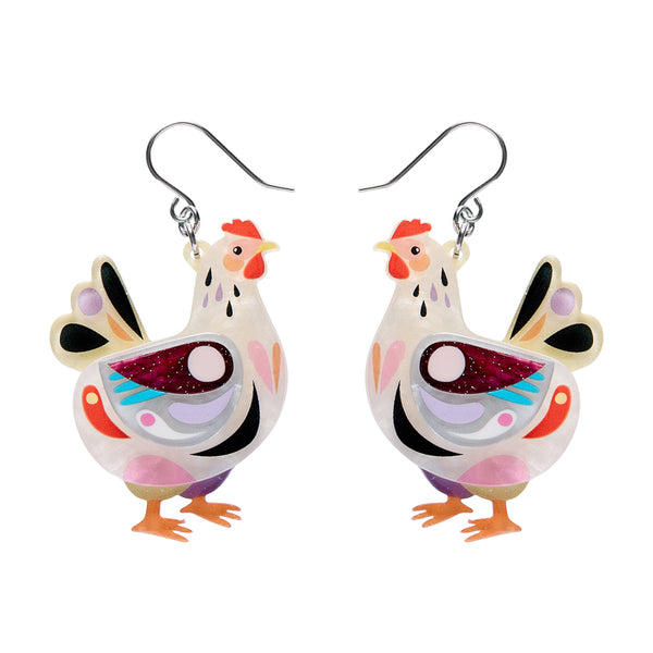 Colorful chicken-shaped earrings on a white background