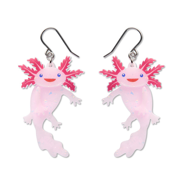 pair of pink axolotl shaped dangle earrings