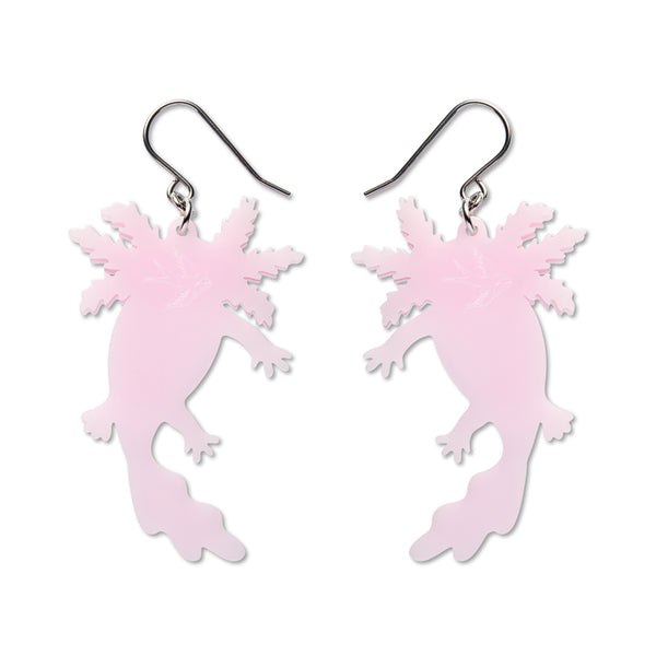 pair of pink axolotl shaped dangle earrings, showing back view