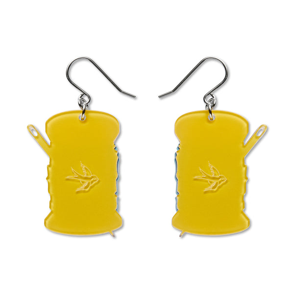 yellow back layer of spool of thread shaped dangle earrings