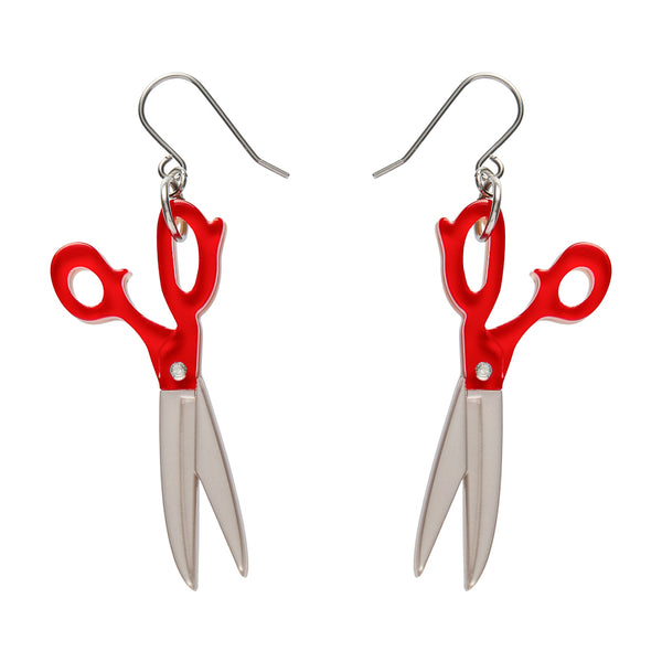 pair of red and metallic silver scissors-shaped earrings 