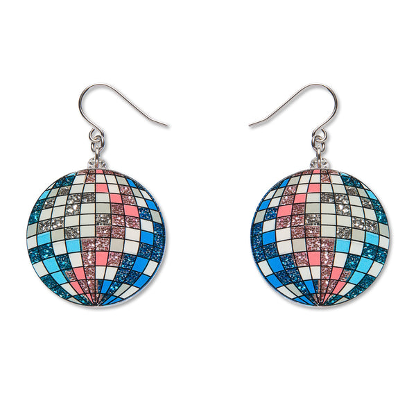 A pair of silver-tone fishhook drop earrings featuring acrylic resin round disco ball shaped charms with a mosaic pattern of blue, pink, white, and glittery silver squares on a plain white background.