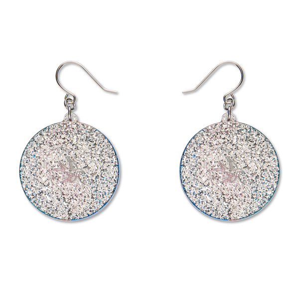 A pair of round glittery silver acrylic resin dangle earrings with silver fishhook wires.