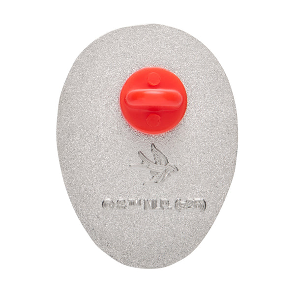 friday the 13th movie character jason voorhees' hockey mask nameled silver metal clutch-back pin, showing back of pin