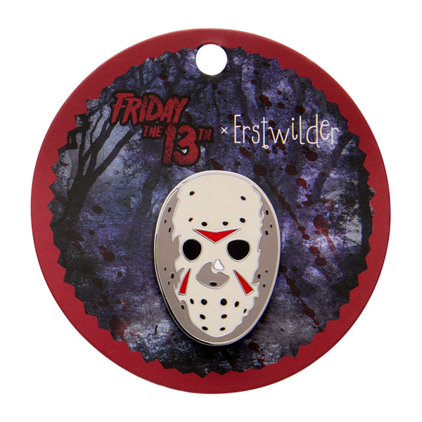 Pin featuring a hockey mask design on a circular card with 'Friday the 13th' branding.