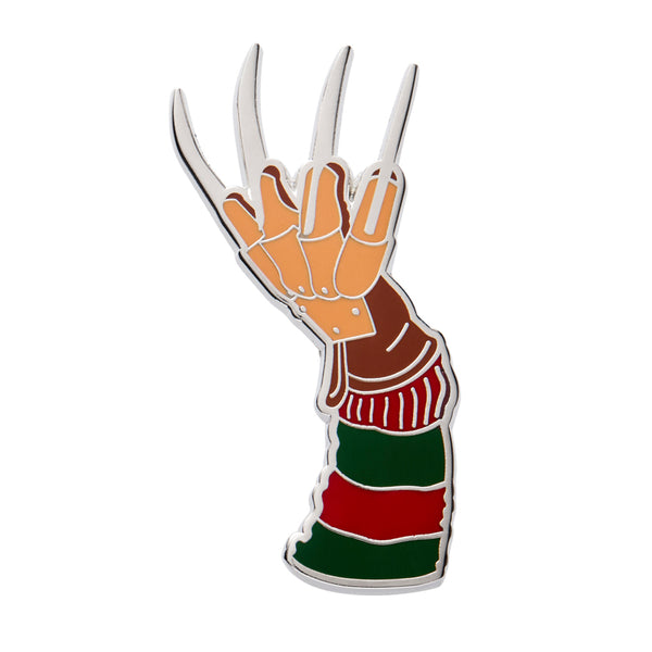 nightmare on elm street freddy krueger character's glove and arm in red and green striped sweater enameled silver metal pin