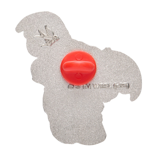 Gremlins movie "Gizmo" character enameled silver metal clutch back pin, showing back view