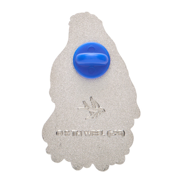 "Emily the Corpse Bride" character enameled silver metal clutch back pin, showing back view