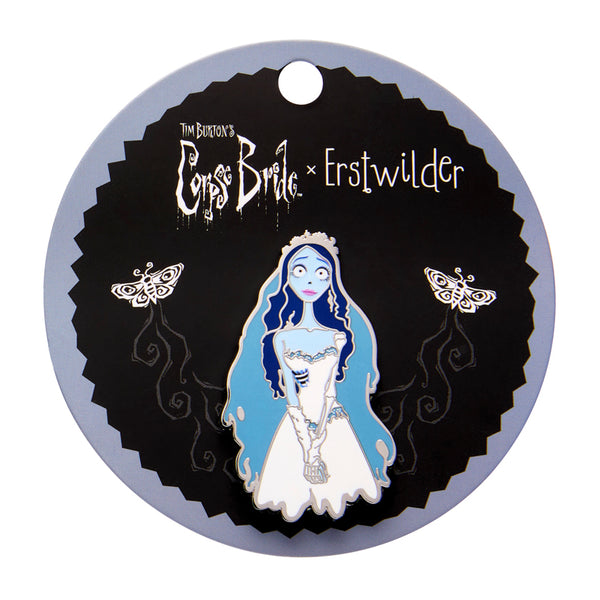 Pin featuring a character from Tim Burton's 'Corpse Bride' on a branded card with 'Erstwilder' and 'Tim Burton' logos.