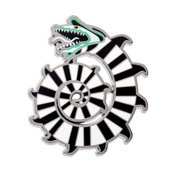 coiled black and white striped Beetlejuice "Sandworm" enameled silver metal clutch back pin