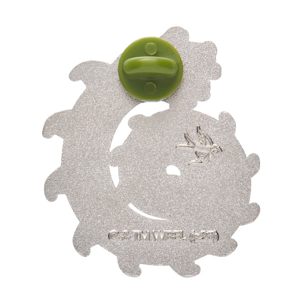 coiled black and white striped Beetlejuice "Sandworm" enameled silver metal clutch back pin, showing back view