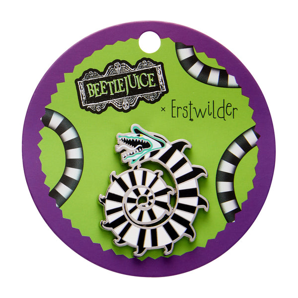 coiled black and white striped Beetlejuice "Sandworm" enameled silver metal clutch back pin, shown on illustrated backer card packaging