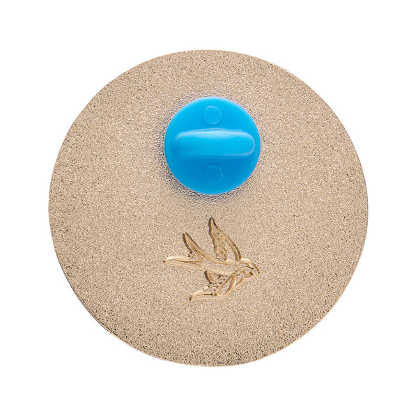 enameled gold metal evil eye amulet clutch back pin, showing back view with blue rubber fastener