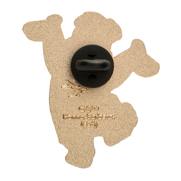 Flintstones cartoon character "Fred Flintstone" enameled gold metal clutch back pin, showing back view with black rubber fastener