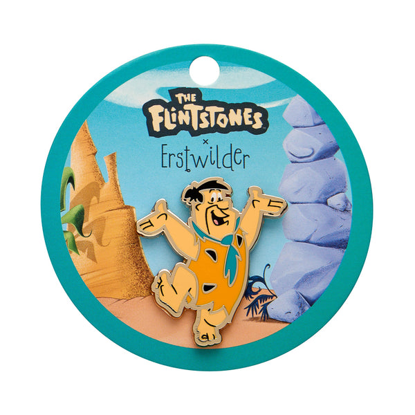 Flintstones cartoon character "Fred Flintstone" enameled gold metal clutch back pin, shown on branded backer card packaging